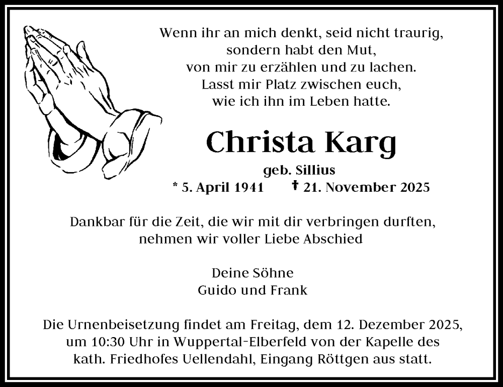  Traueranzeige für Christa Karg vom 06.12.2025 aus trauer.wuppertaler-rundschau.de