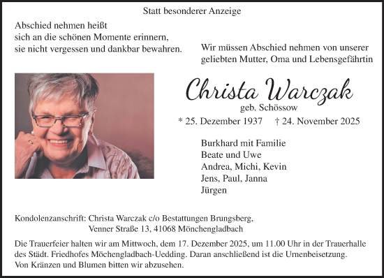 Traueranzeige von Christa Warczak von trauer.panorama-anzeigenblatt.de