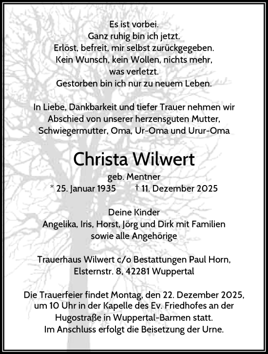 Traueranzeige von Christa Wilwert von trauer.wuppertaler-rundschau.de