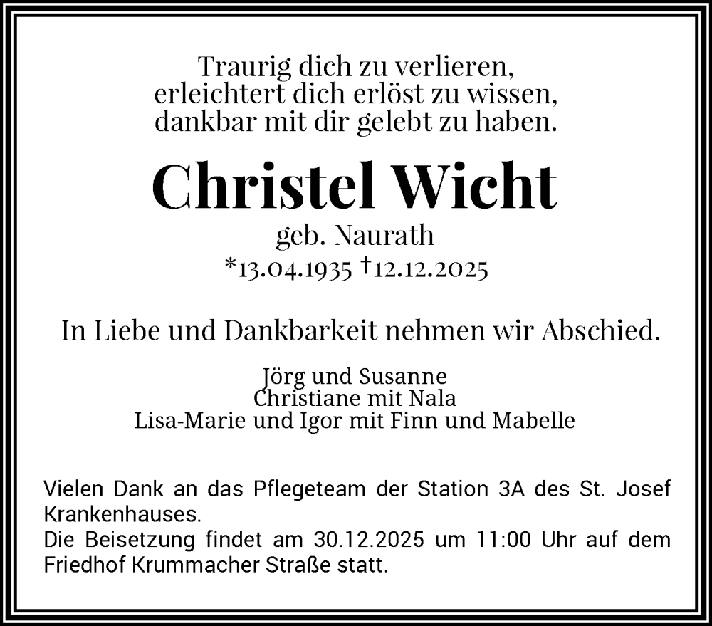  Traueranzeige für Christel Wicht vom 20.12.2025 aus trauer.wuppertaler-rundschau.de