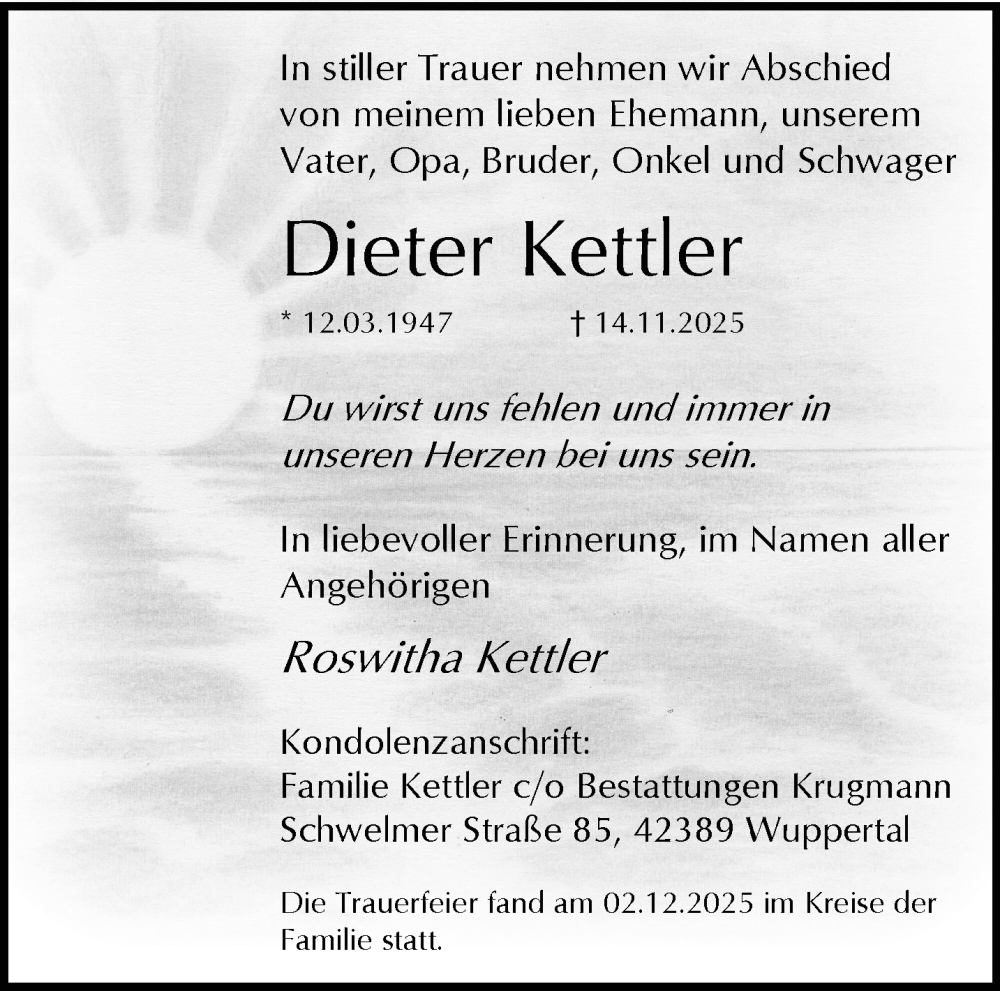  Traueranzeige für Dieter Kettler vom 06.12.2025 aus trauer.wuppertaler-rundschau.de