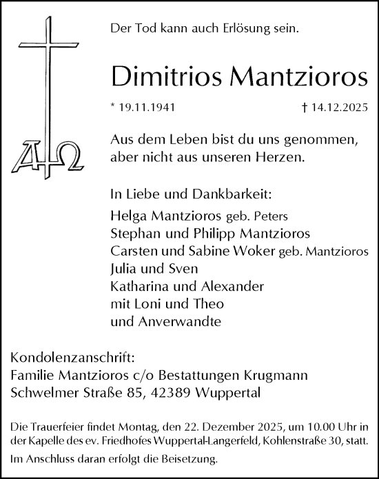 Traueranzeige von Dimitrios Mantzioros von trauer.wuppertaler-rundschau.de
