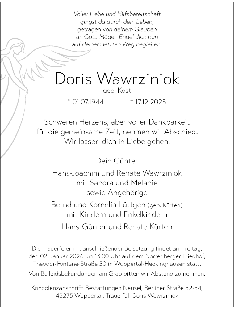  Traueranzeige für Doris Wawrziniok vom 27.12.2025 aus trauer.wuppertaler-rundschau.de