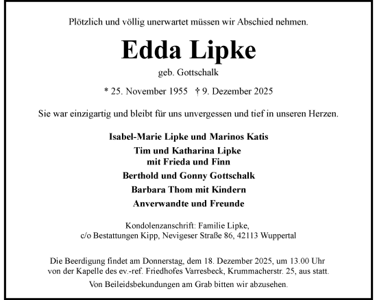 Traueranzeige von Edda Lipke von trauer.wuppertaler-rundschau.de