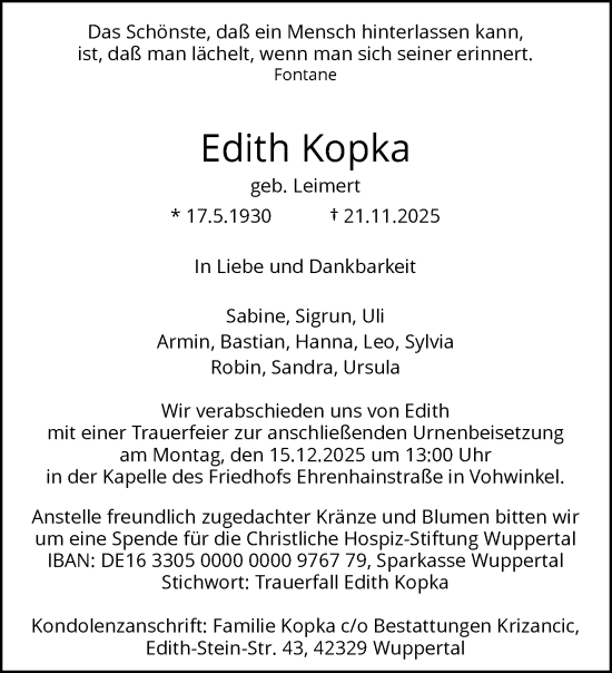 Traueranzeige von Edith Kopka von trauer.wuppertaler-rundschau.de