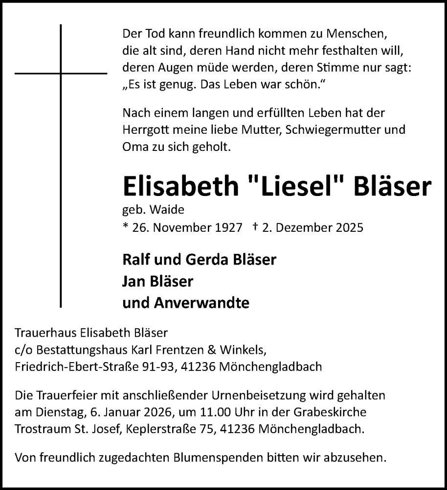  Traueranzeige für Elisabeth Bläser vom 28.12.2025 aus trauer.panorama-anzeigenblatt.de