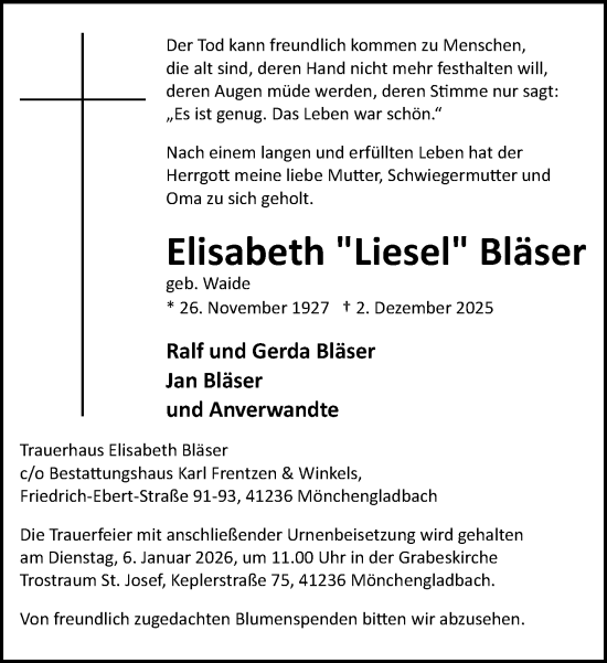 Traueranzeige von Elisabeth Bläser von trauer.panorama-anzeigenblatt.de