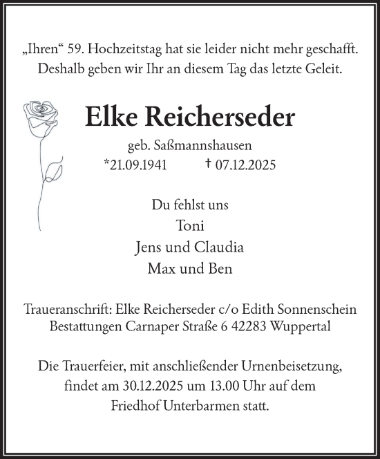 Traueranzeige von Elke Reicherseder von trauer.wuppertaler-rundschau.de