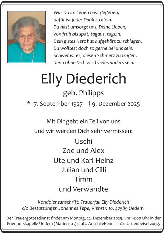 Traueranzeige von Elly Diederich von trauer.panorama-anzeigenblatt.de