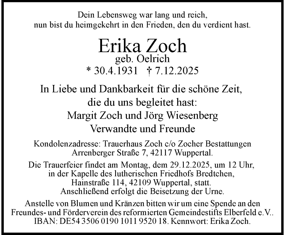  Traueranzeige für Erika Zoch vom 20.12.2025 aus trauer.wuppertaler-rundschau.de