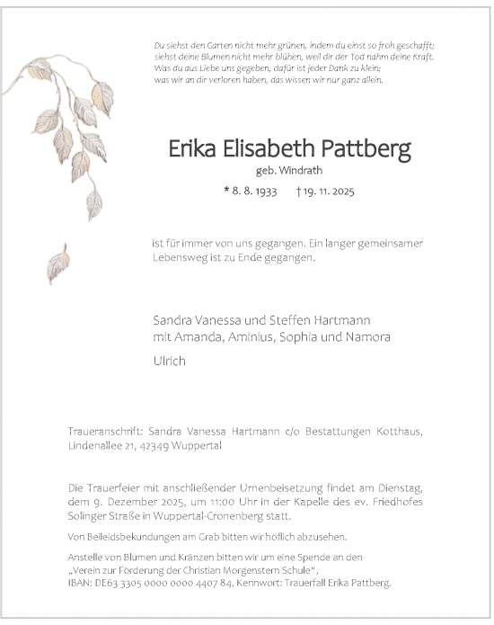 Traueranzeige von Erika Elisabeth Pattberg von trauer.wuppertaler-rundschau.de