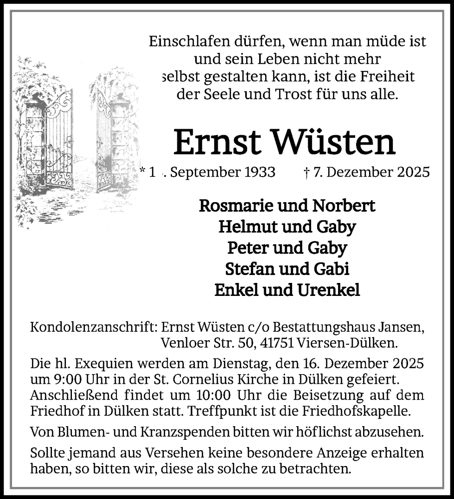  Traueranzeige für Ernst Wüsten vom 14.12.2025 aus trauer.panorama-anzeigenblatt.de