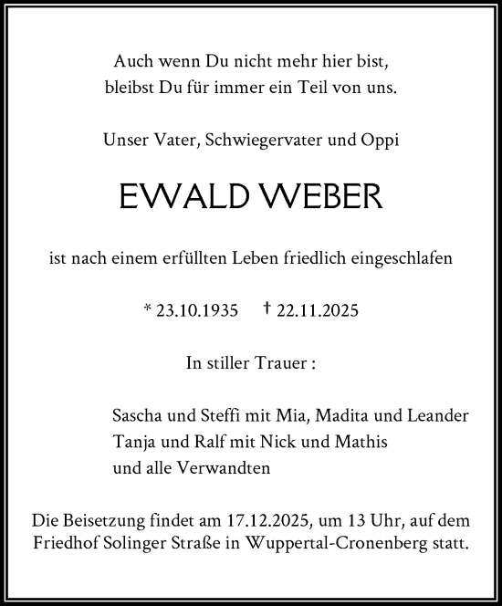 Traueranzeige von Ewald Weber von trauer.wuppertaler-rundschau.de