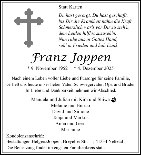 Traueranzeige von Franz Joppen von trauer.panorama-anzeigenblatt.de