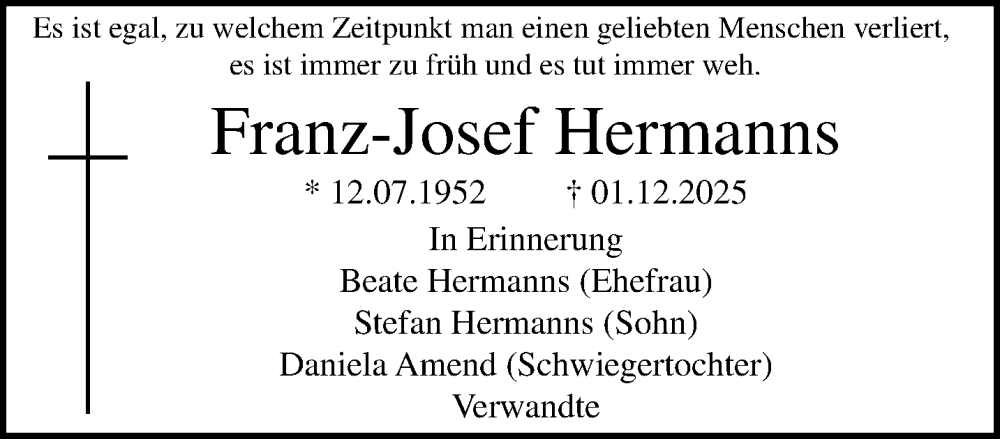  Traueranzeige für Franz-Josef Hermanns vom 07.12.2025 aus trauer.panorama-anzeigenblatt.de