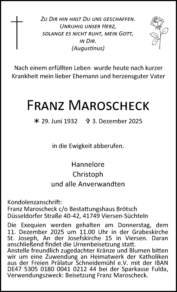  Traueranzeige für Franz Maroscheck vom 07.12.2025 aus trauer.panorama-anzeigenblatt.de