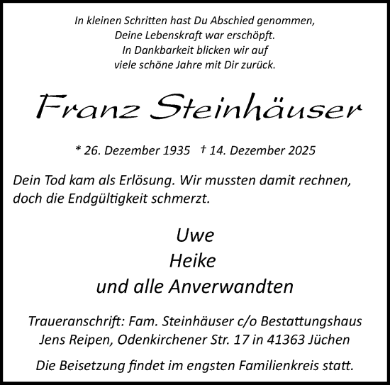 Traueranzeige von Franz Steinhäuser von trauer.stadt-kurier.de