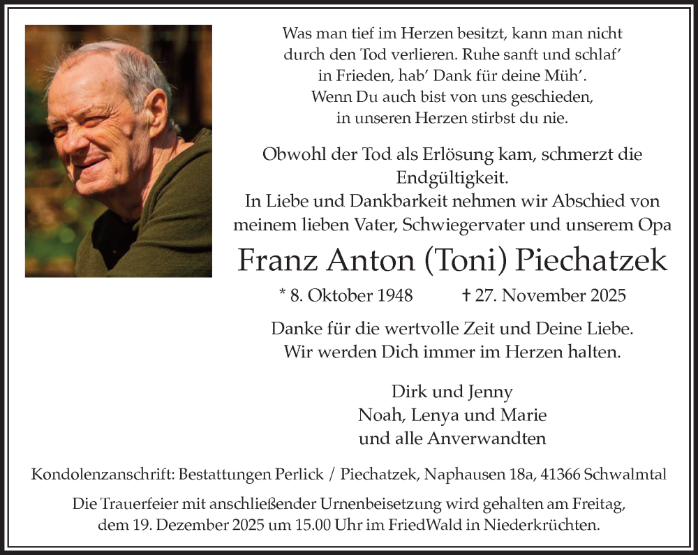  Traueranzeige für Franz Anton Piechatzek vom 07.12.2025 aus trauer.panorama-anzeigenblatt.de