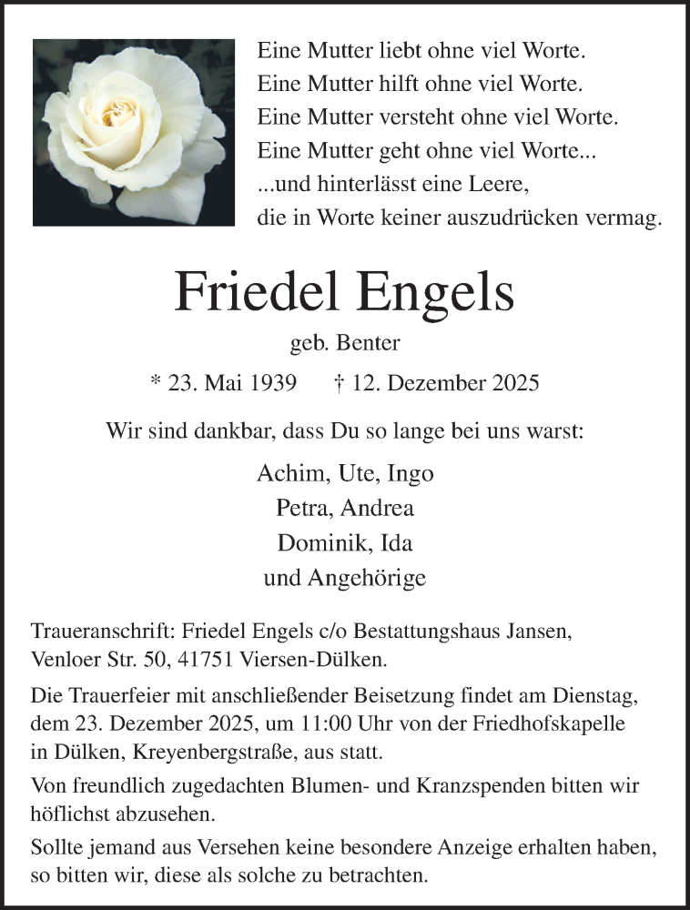  Traueranzeige für Friedel Engels vom 21.12.2025 aus trauer.panorama-anzeigenblatt.de