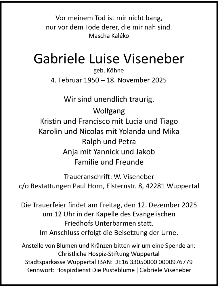  Traueranzeige für Gabriele Luise Viseneber vom 06.12.2025 aus trauer.wuppertaler-rundschau.de
