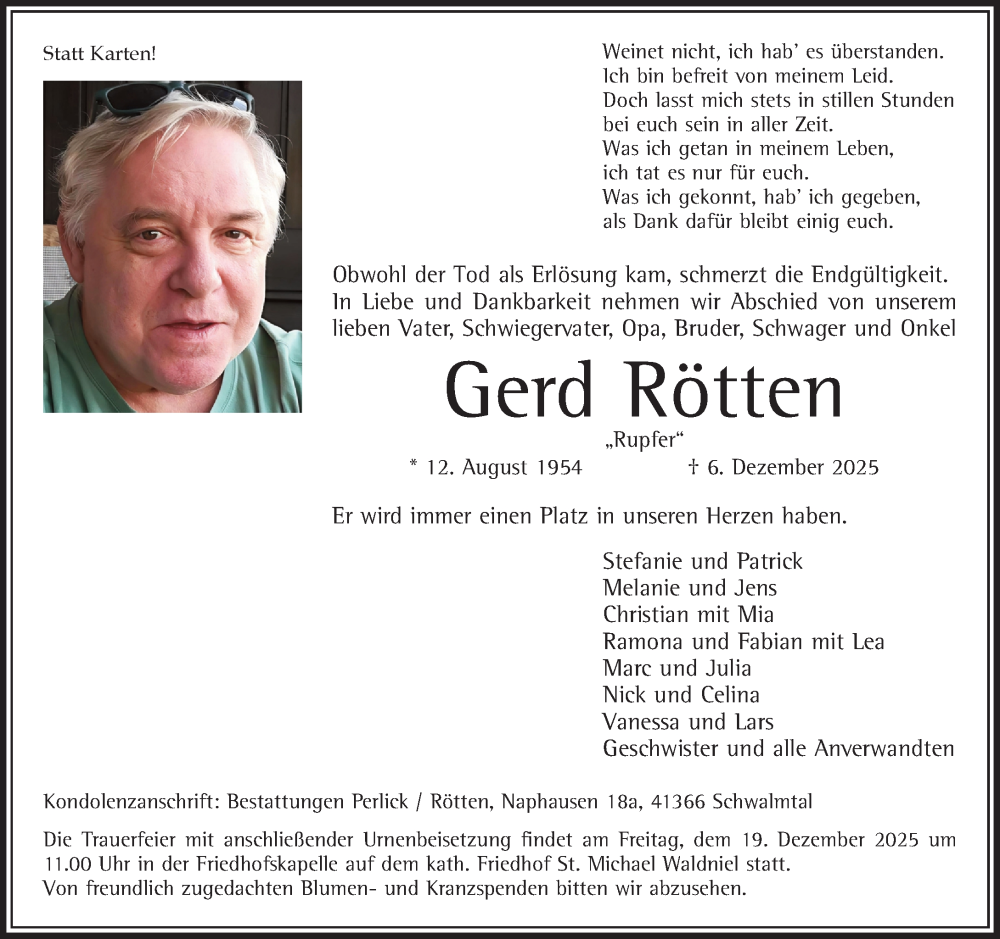  Traueranzeige für Gerd Rötten vom 14.12.2025 aus trauer.panorama-anzeigenblatt.de