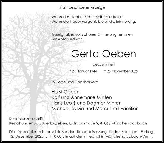 Traueranzeige von Gerta Oeben von trauer.panorama-anzeigenblatt.de