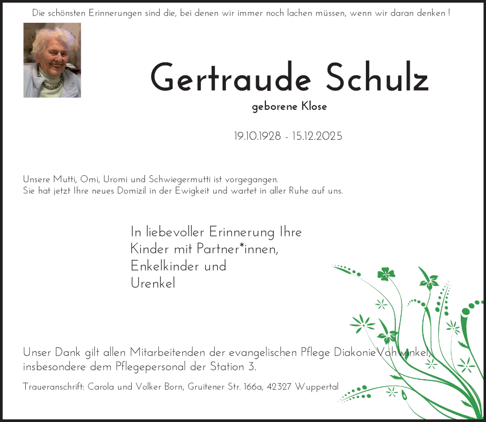  Traueranzeige für Gertraude Schulz vom 20.12.2025 aus trauer.wuppertaler-rundschau.de