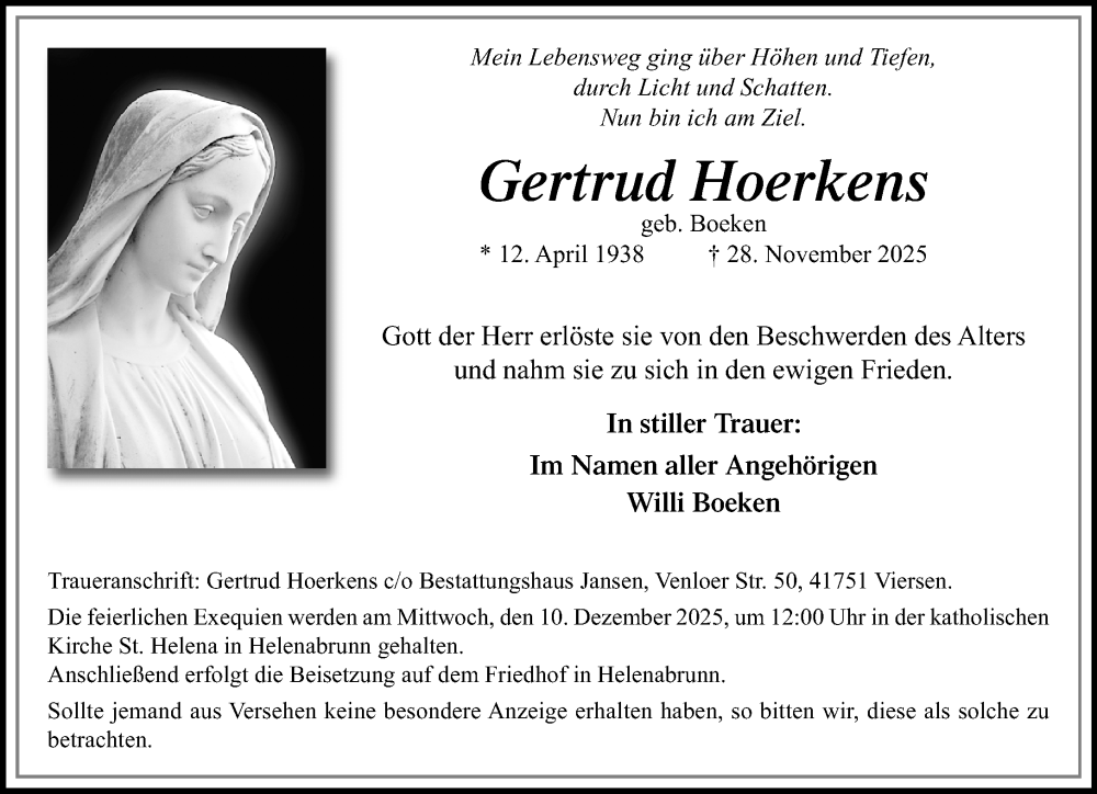  Traueranzeige für Gertrud Hoerkens vom 07.12.2025 aus trauer.panorama-anzeigenblatt.de