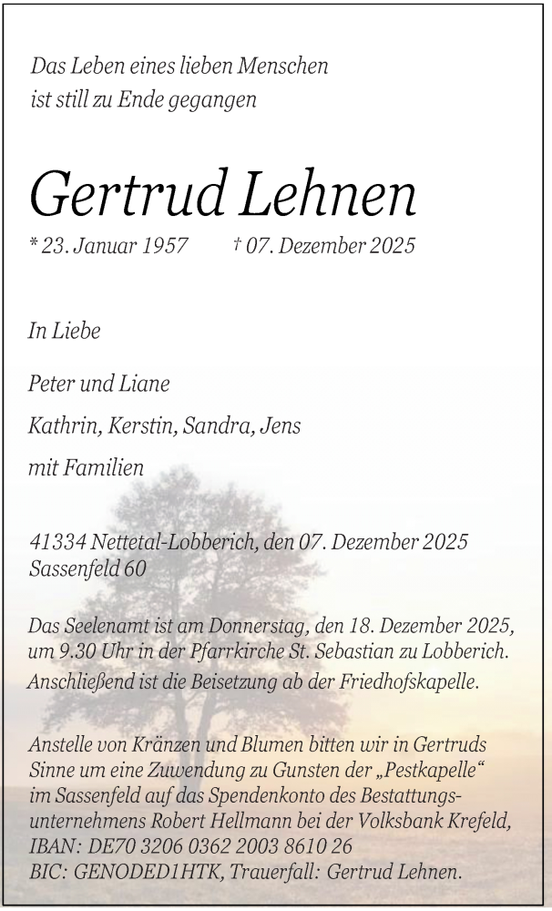  Traueranzeige für Gertrud Lehnen vom 14.12.2025 aus trauer.panorama-anzeigenblatt.de