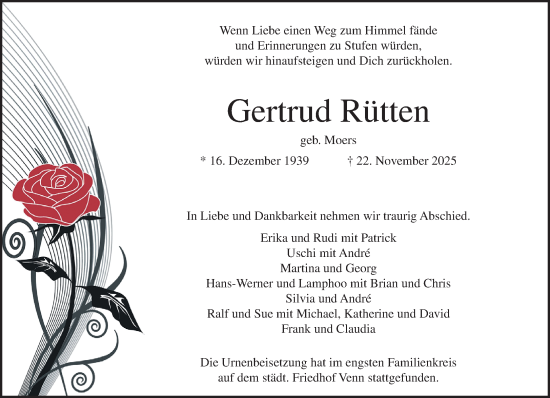 Traueranzeige von Gertrud Rütten von trauer.panorama-anzeigenblatt.de
