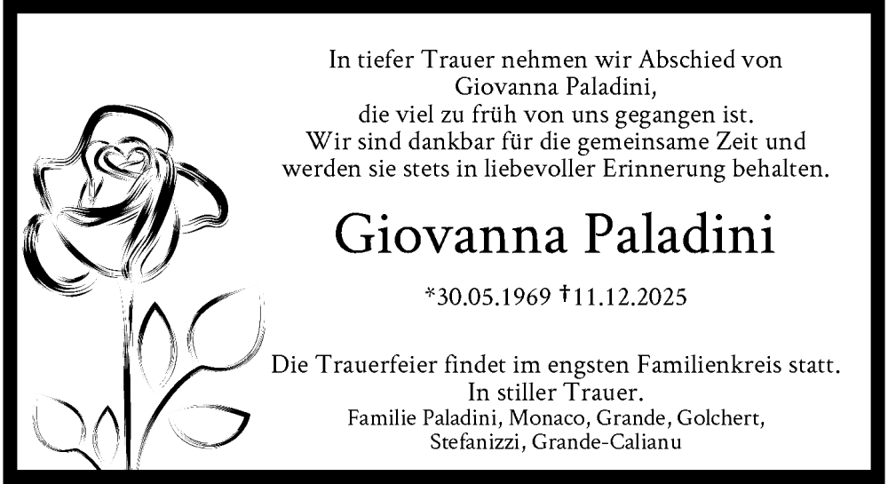  Traueranzeige für Giovanna Paladini vom 19.12.2025 aus trauer.panorama-anzeigenblatt.de