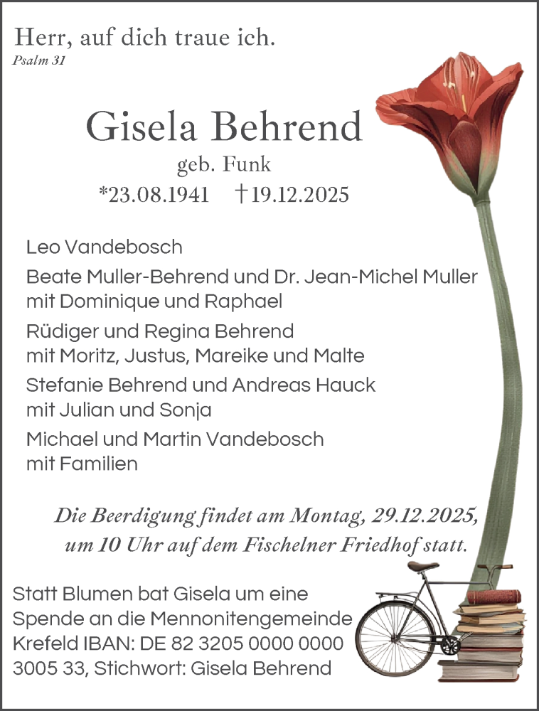  Traueranzeige für Gisela Behrend vom 28.12.2025 aus trauer.panorama-anzeigenblatt.de