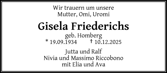 Traueranzeige von Gisela Friederichs von trauer.wuppertaler-rundschau.de