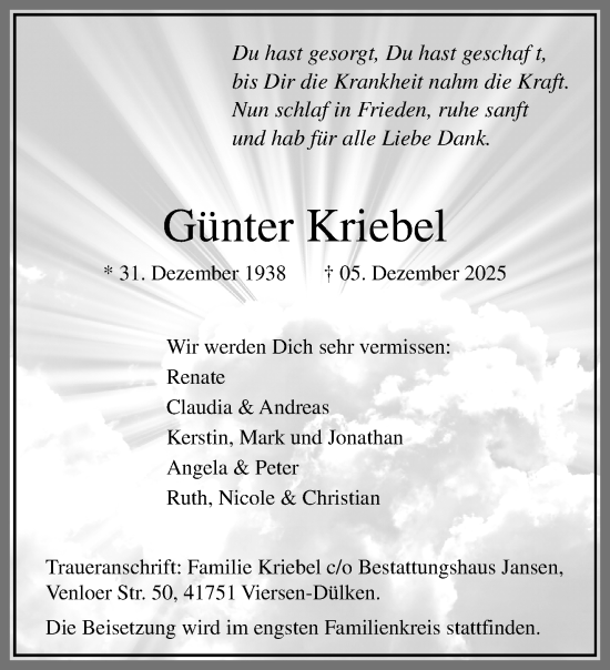 Traueranzeige von Günter Kriebel von trauer.panorama-anzeigenblatt.de