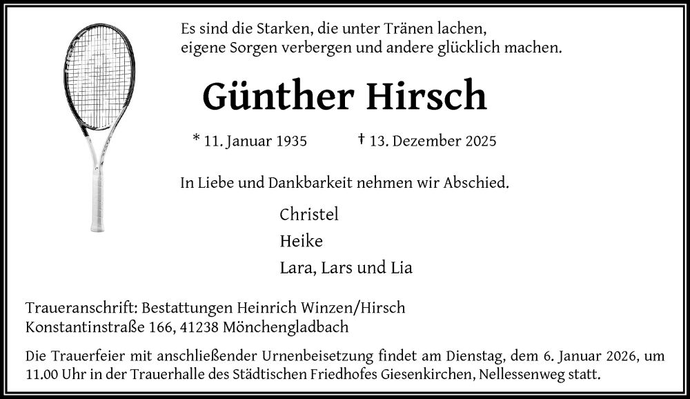  Traueranzeige für Günther Hirsch vom 28.12.2025 aus trauer.panorama-anzeigenblatt.de