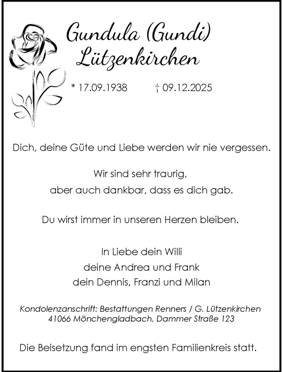 Traueranzeige von Gundula Lützenkirchen von trauer.panorama-anzeigenblatt.de
