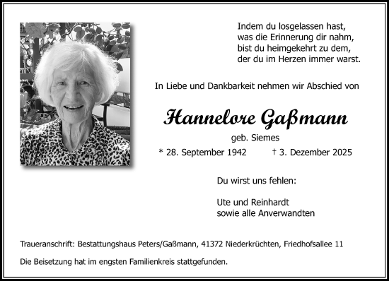 Traueranzeige von Hannelore Gaßmann von trauer.panorama-anzeigenblatt.de