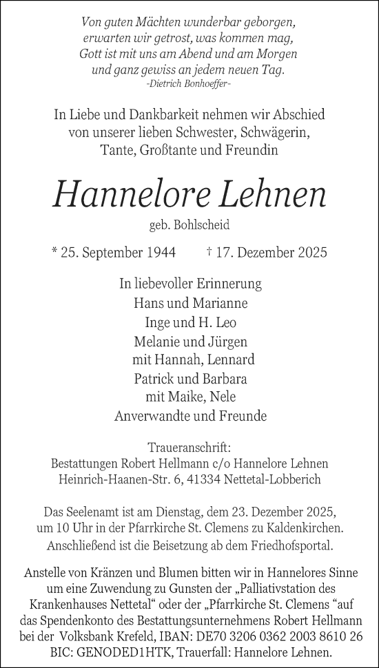 Traueranzeige von Hannelore Lehnen von trauer.panorama-anzeigenblatt.de