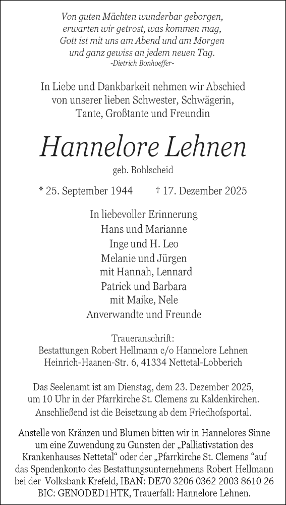  Traueranzeige für Hannelore Lehnen vom 21.12.2025 aus trauer.panorama-anzeigenblatt.de