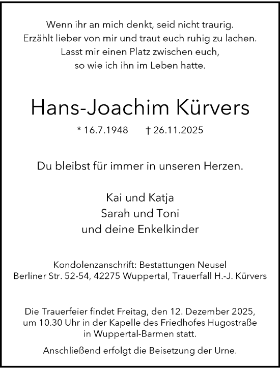 Traueranzeige von Hans-Joachim Kürvers von trauer.wuppertaler-rundschau.de