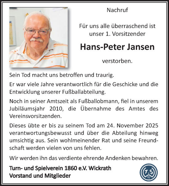 Traueranzeige von Hans-Peter Jansen von trauer.panorama-anzeigenblatt.de