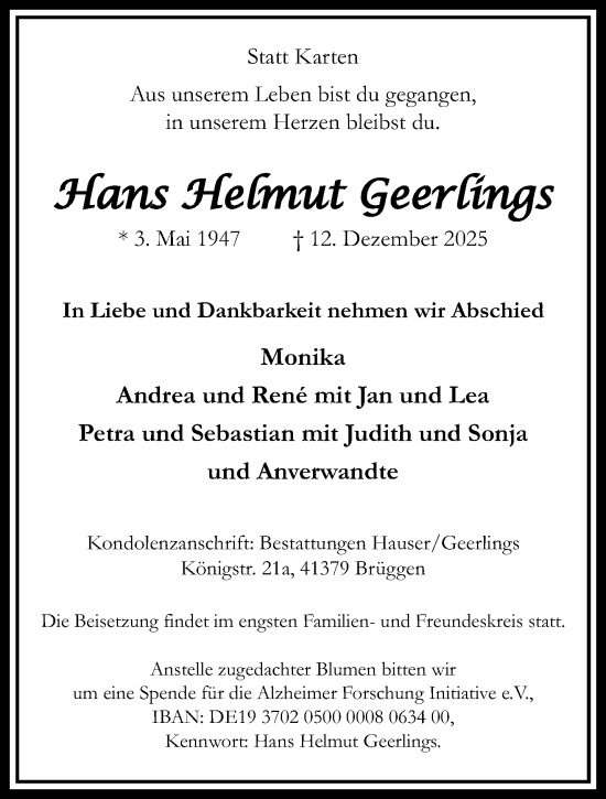 Traueranzeige von Hans Helmut Geerlings von trauer.panorama-anzeigenblatt.de