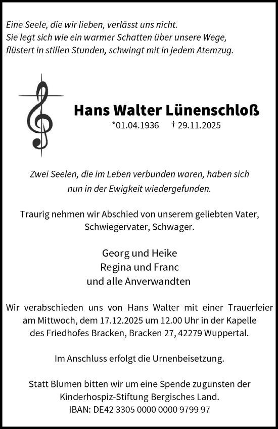 Traueranzeige von Hans Walter Lünenschloß von trauer.wuppertaler-rundschau.de