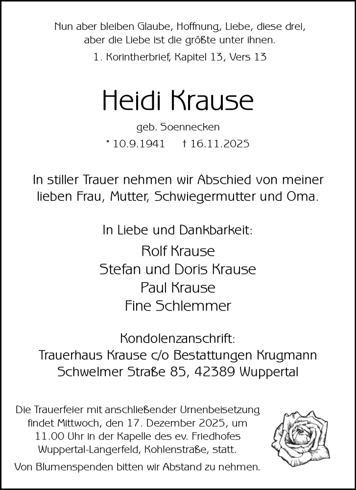  Traueranzeige für Heidi Krause vom 06.12.2025 aus trauer.wuppertaler-rundschau.de