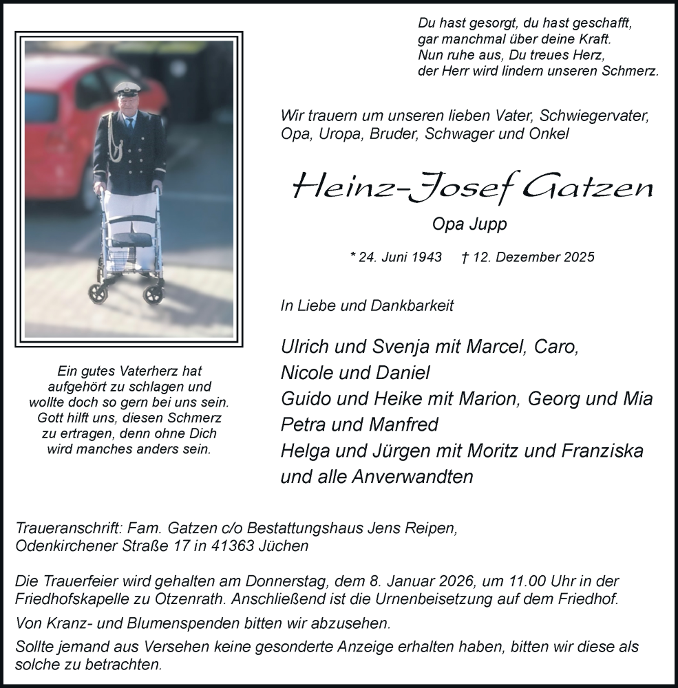  Traueranzeige für Heinz-Josef Gatzen vom 27.12.2025 aus trauer.stadt-kurier.de
