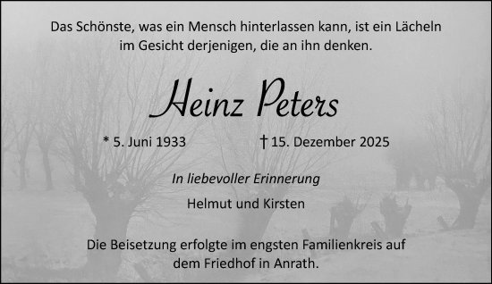 Traueranzeige von Heinz Peters von trauer.panorama-anzeigenblatt.de