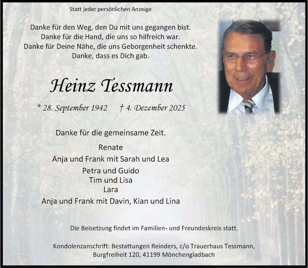  Traueranzeige für Heinz Tessmann vom 14.12.2025 aus trauer.panorama-anzeigenblatt.de