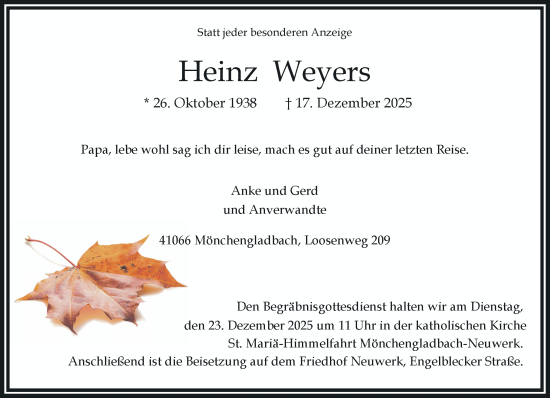 Traueranzeige von Heinz Weyers von trauer.panorama-anzeigenblatt.de