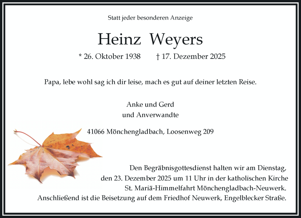  Traueranzeige für Heinz Weyers vom 21.12.2025 aus trauer.panorama-anzeigenblatt.de