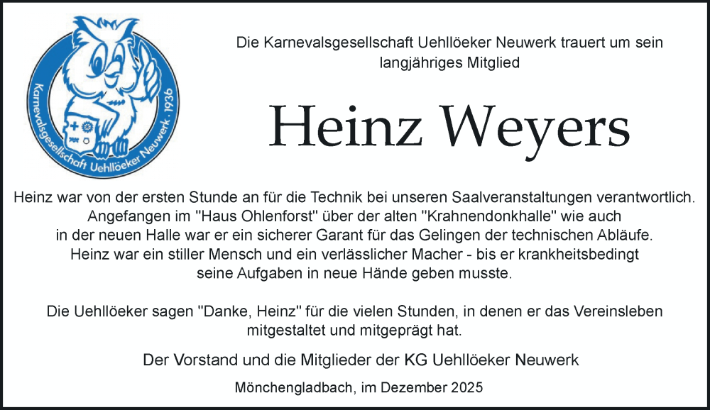  Traueranzeige für Heinz Weyers vom 28.12.2025 aus trauer.panorama-anzeigenblatt.de